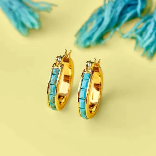 Load image into Gallery viewer, Pura Vida Turquoise Tile Hoop Earrings
